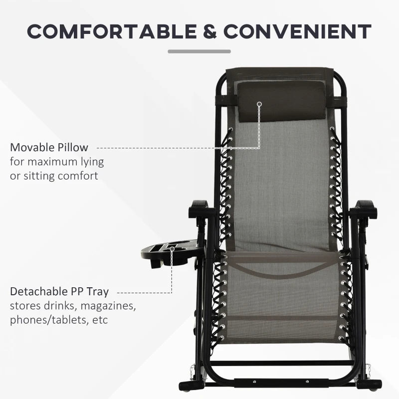 Chaise longue inclinable réglable 2 en 1 à gravité zéro, fauteuil de jardin inclinable et berçant, chaise longue pliable, siège de sieste avec appui-tête et plateau gris