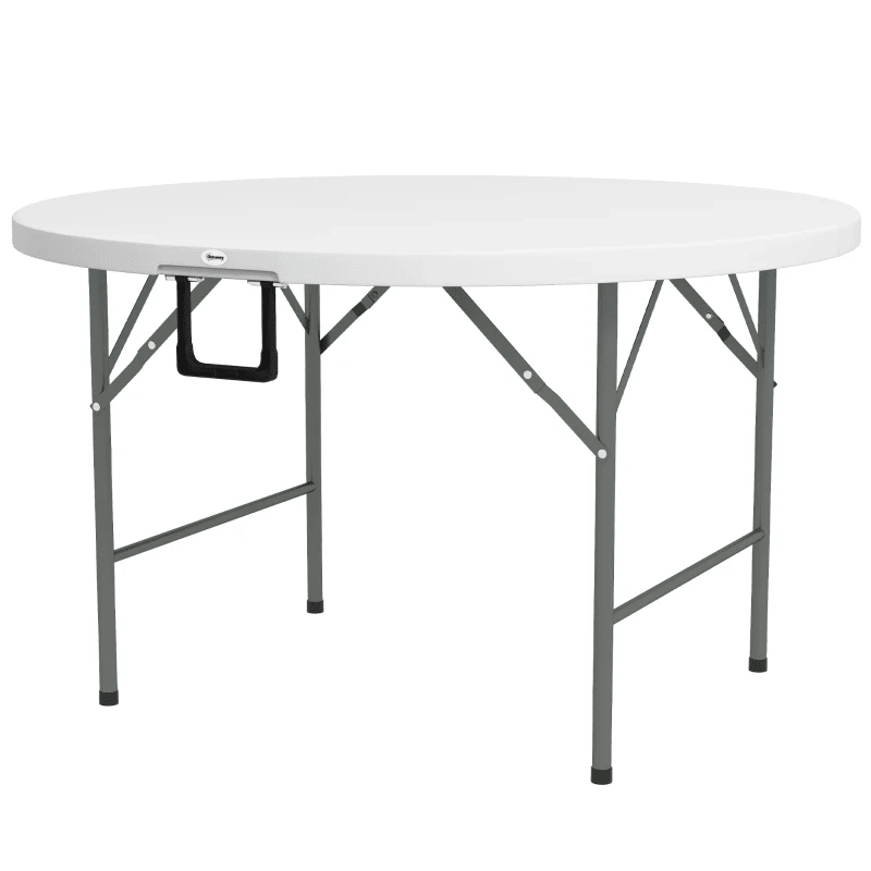 Table de patio pliante de 48 pouces, table de pique-nique extérieure en PEHD, table à cartes pour 6 personnes, banquet rond pliant avec cadre en métal, blanc