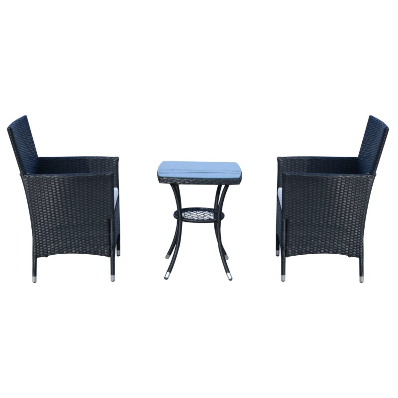 Ensemble de bistro de patio 3 pièces, meubles de porche d'extérieur en rotin PE avec deux fauteuils, table basse avec dessus en verre, noir