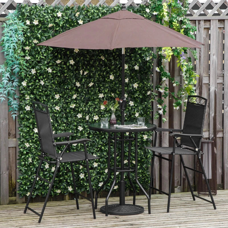 Ensemble de bar de patio 4 pièces, mobilier d'extérieur pliable avec parasol marron pour bord de piscine, arrière-cour et jardin, noir
