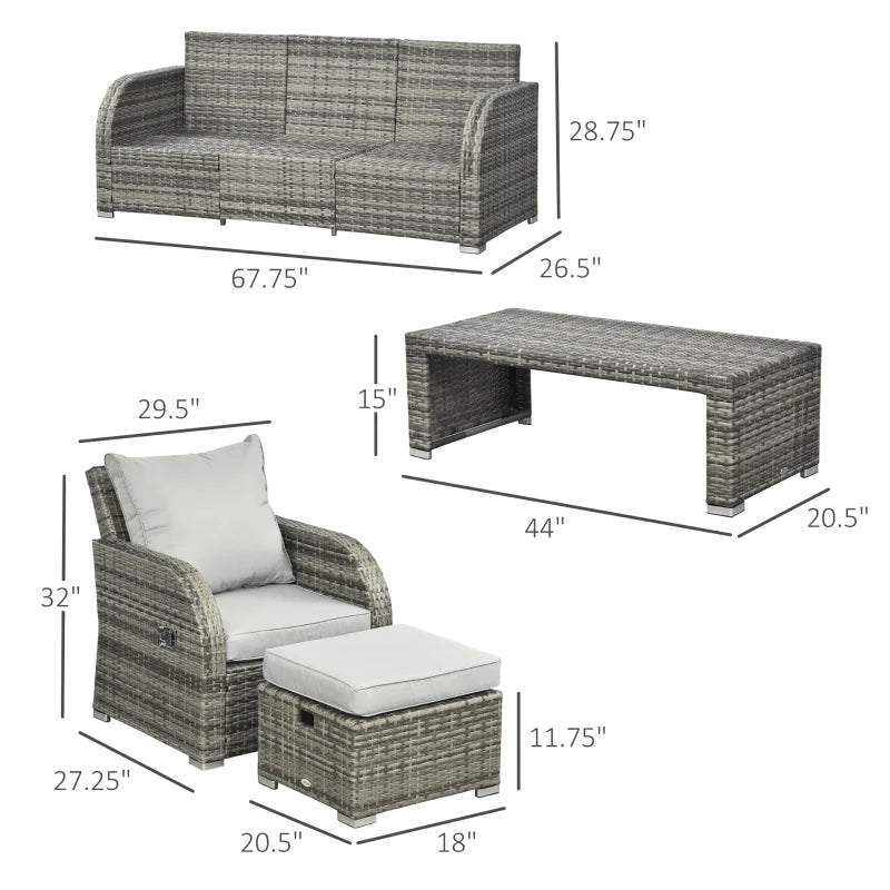 Ensemble de meubles de patio 6 pièces, ensemble de conversation en osier, canapé 3 places rembourrés en rotin, 2 fauteuils inclinables réglables, 2 repose-pieds et table pour pelouse, jardin, arrière-cour, gris clair 