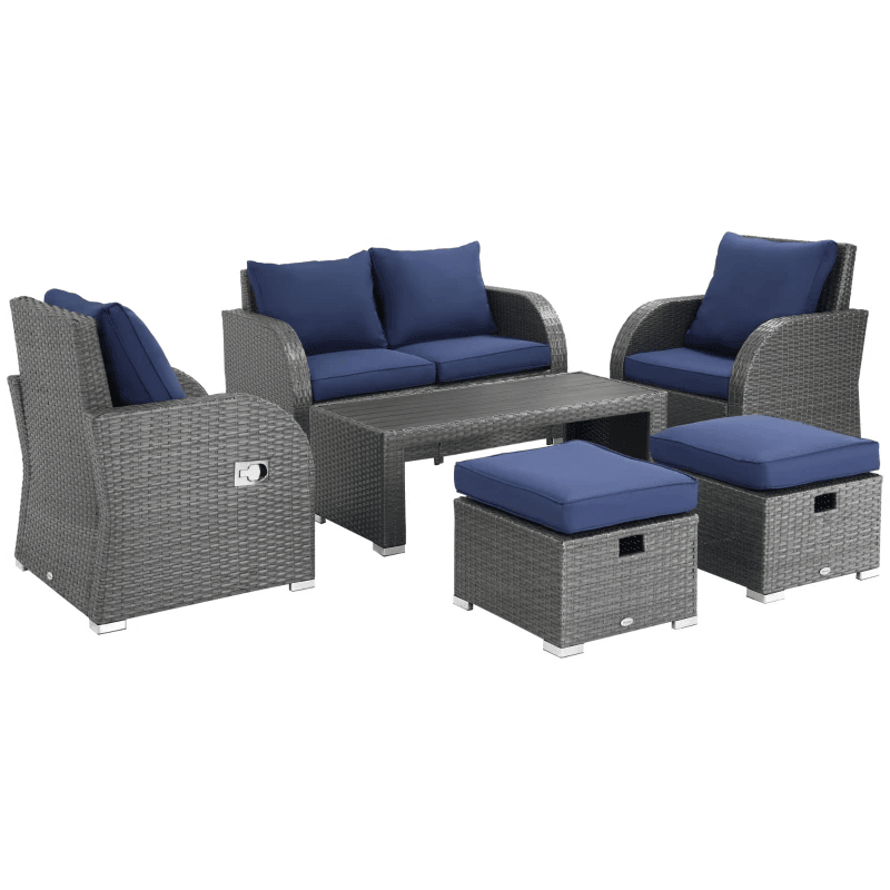 Ensemble de canapés d'extérieur en osier et rotin, 6 pièces, chaise simple inclinable à angle réglable, avec ressort à gaz et coussins doux lavables, bleu foncé