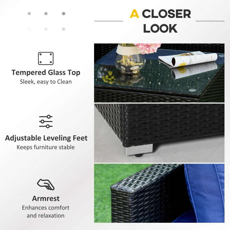 Ensemble de 6 meubles de patio en osier et rotin PE avec coussins épais, canapé sectionnel de jardin de luxe avec table en verre, noir et bleu foncé