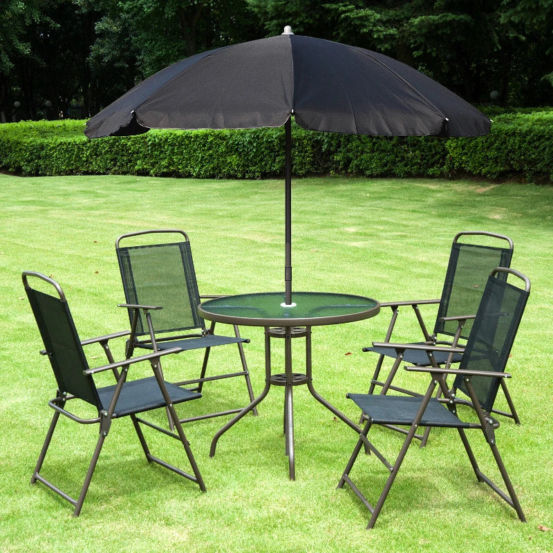 Ensemble de salle à manger d'extérieur 6 pièces pour 4 personnes, avec parasol, mobilier d'extérieur, Table ronde, 4 chaises pliantes, noir