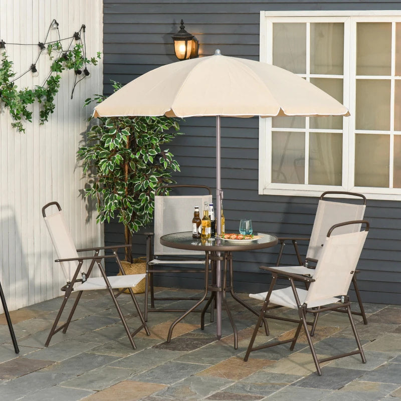 Ensemble de salle à manger d'extérieur 6 pièces pour 4 personnes, avec parasol, mobilier d'extérieur, Table ronde, 4 chaises pliantes, crème