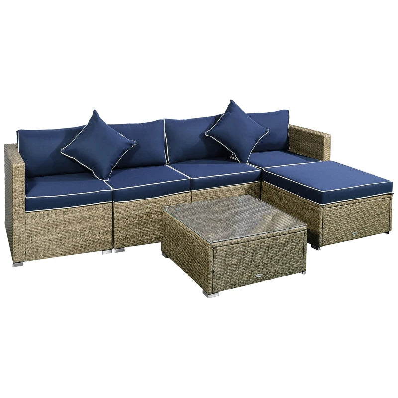 Ensemble de 6 meubles de patio en osier et rotin PE avec coussins épais, canapé sectionnel de jardin de luxe avec table en verre, jaune et bleu marine