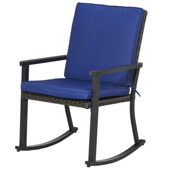 Chaise à bascule en osier pour patio, chaise à bascule d'extérieur en rotin PE avec dossier haut, accoudoir, coussin de siège, bleu