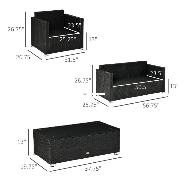Ensemble de meubles de patio 4 pièces en osier avec coussins de 4 po d'épaisseur, ensemble de canapé de conversation d'extérieur en rotin PE avec table en verre et siège extra large, bleu ciel