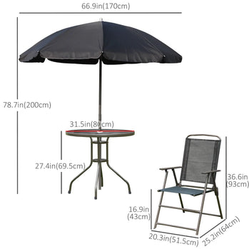 Ensemble de salle à manger d'extérieur 6 pièces pour 4 personnes, avec parasol, mobilier d'extérieur, Table ronde, 4 chaises pliantes, noir