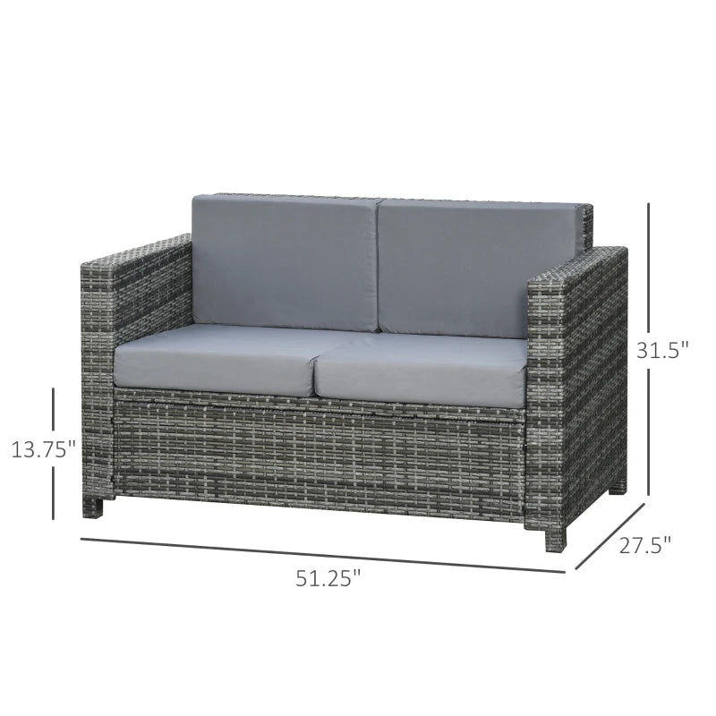 Causeuse de patio 2 places de luxe en osier, meuble d'extérieur en rotin, toutes saisons avec coussin pour balcon, terrasse, jardin et bord de piscine, gris