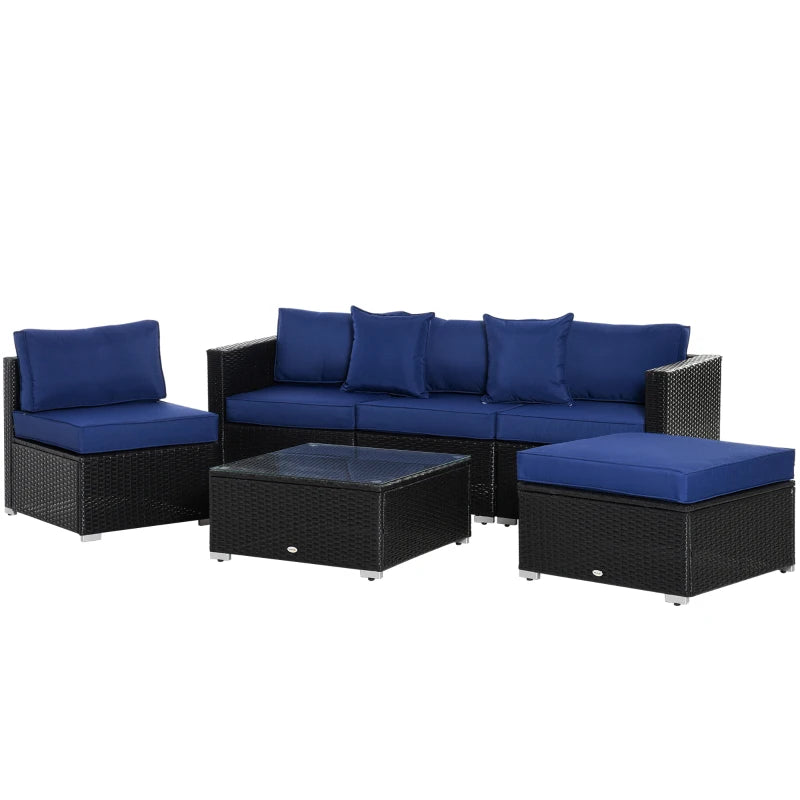 Ensemble de 6 meubles de patio en osier et rotin PE avec coussins épais, canapé sectionnel de jardin de luxe avec table en verre, noir et bleu foncé