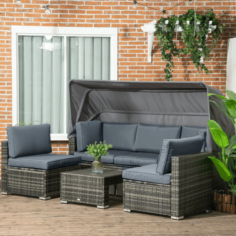 Ensemble de meubles de patio 4 pièces, canapé sectionnel d'extérieur en osier de rotin avec auvent rétractable, coussins, canapé 3 places pour arrière-cour, jardin, gris
