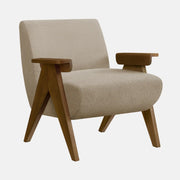 Fauteuil d'Appoint Tissu Beige et Pieds en Bois Noyer