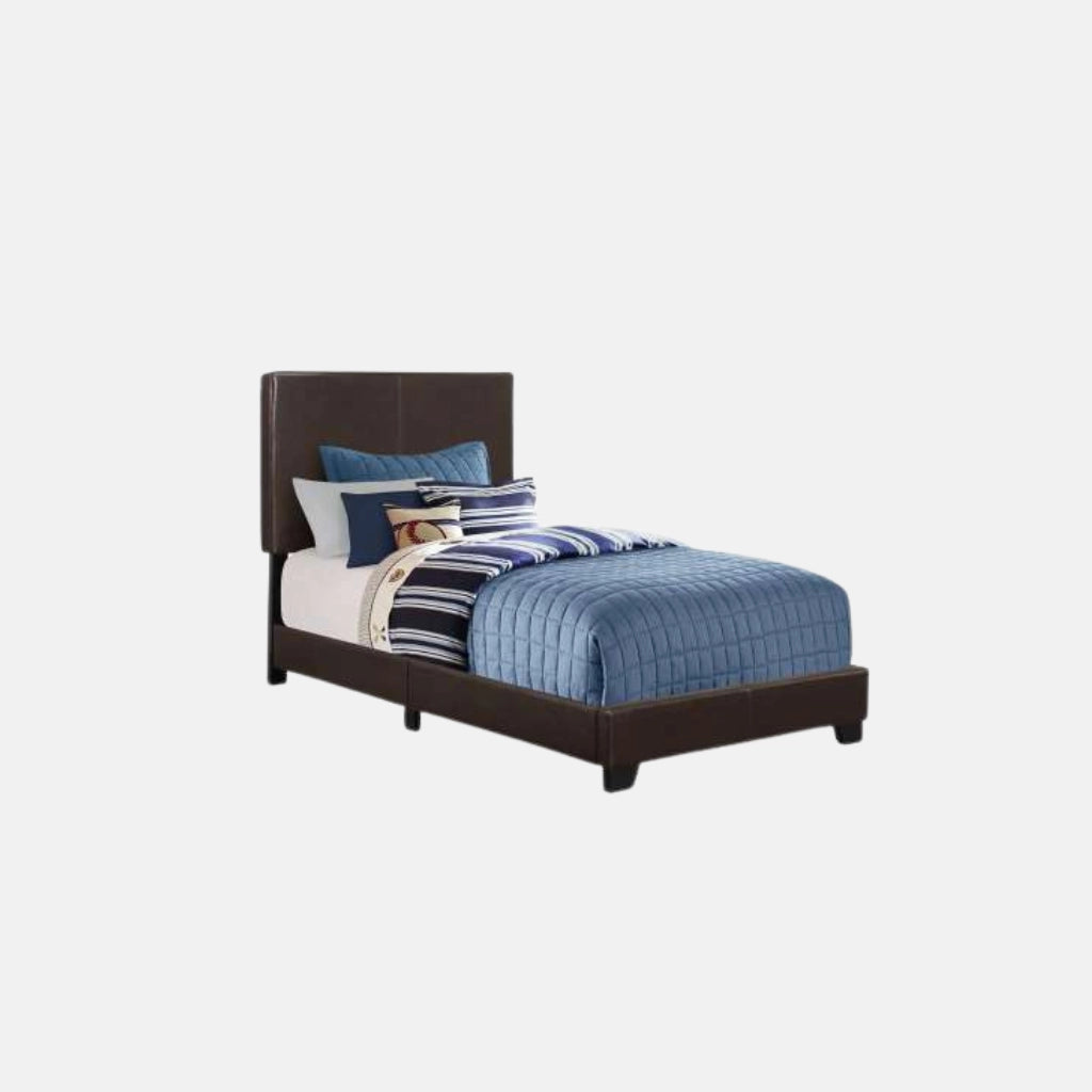 Lit simple, plateforme, chambre à coucher, rembourré, aspect cuir PU, pieds en bois, couleur marron,