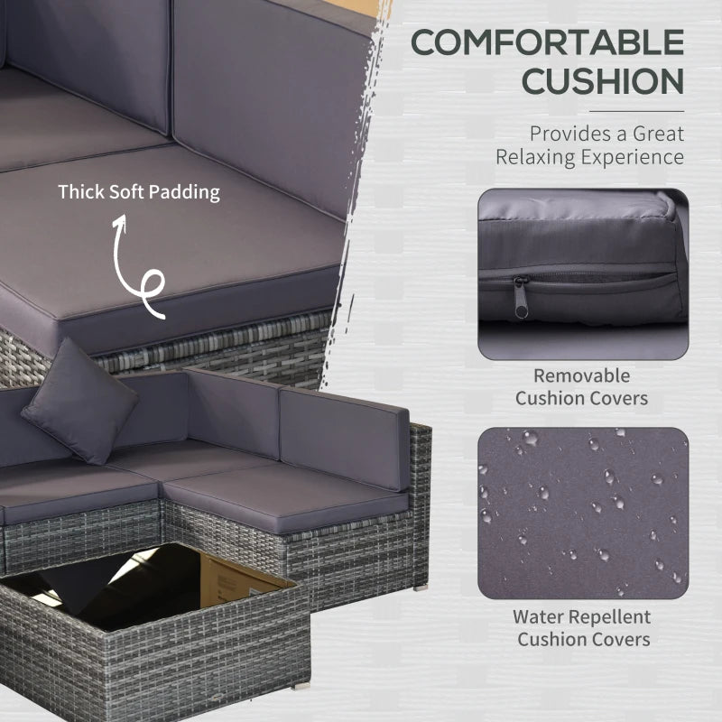Ensemble sectionnel de jardin en osier 7 pièces avec table à thé, canapé de salon en rotin avec coussin, gris foncé