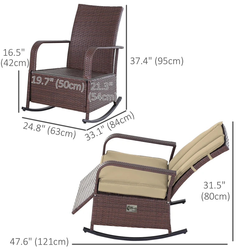 Chaise à bascule d'extérieur en osier, fauteuil inclinable en rotin PE avec coussin, repose-pieds réglable, accoudoirs, kaki