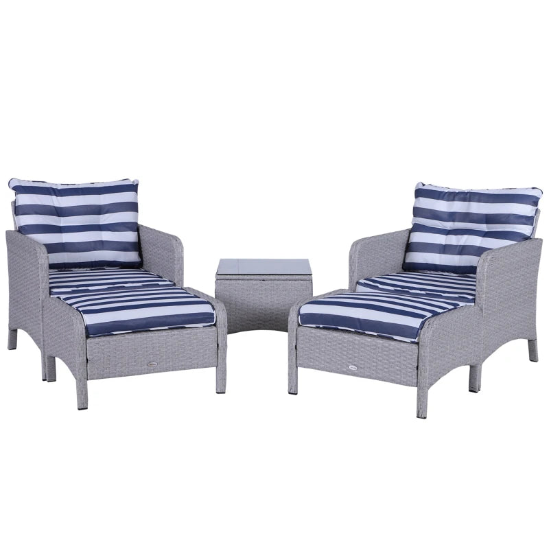 Ensemble de 5 meubles de patio en osier avec coussins rembourrés épais, ensemble de café de conversation en rotin PE avec fauteuils, repose-pieds et table en verre, bleu et blanc