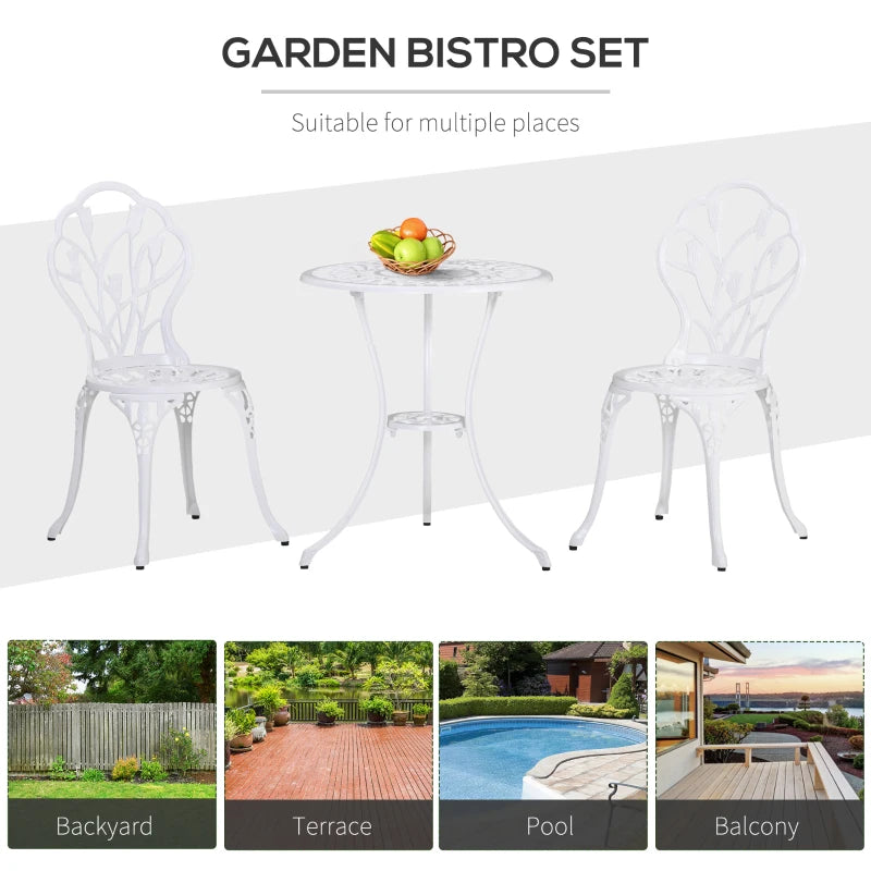 Ensemble bistro de patio 3 pièces, table et chaises de jardin en fonte d'aluminium avec trou pour parasol pour balcon, blanc