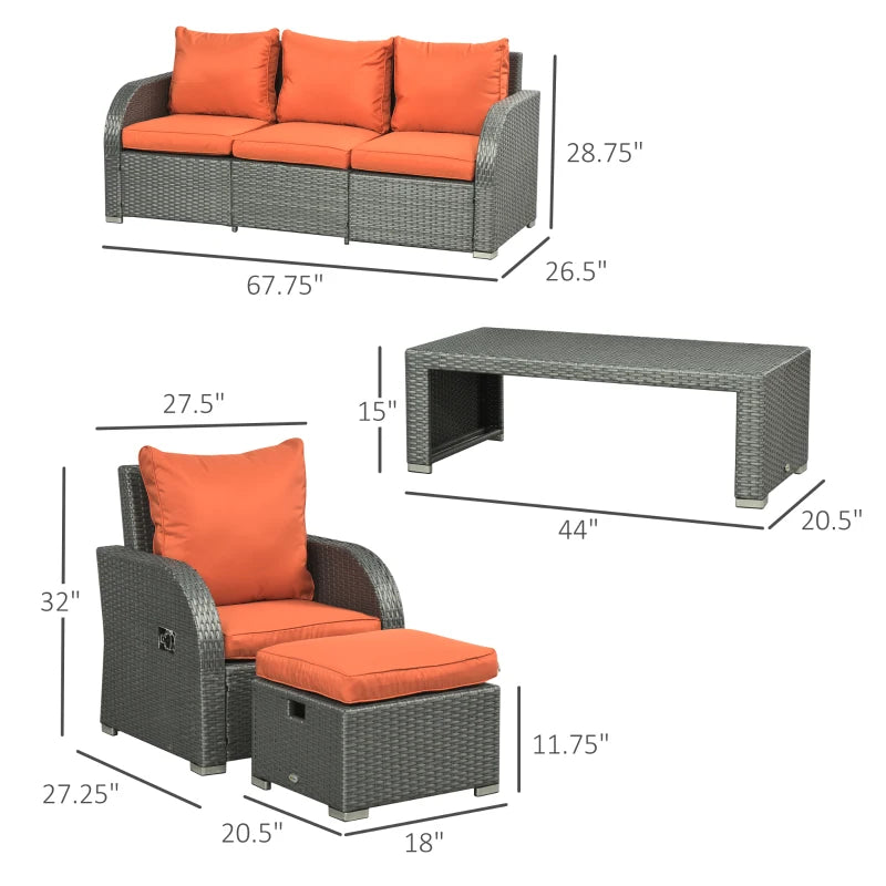 Meubles de patio avec coussins, 6 pièces en osier PE, ensemble de conversation avec un canapé à trois places, 2 chaises inclinables, 2 repose-pieds et une table, orange