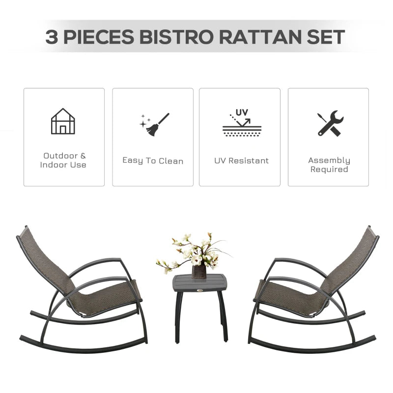 Ensemble de 3 chaises à bascule pour patio en osier, ensemble de bistro à bascule en rotin PE avec cadre en aluminium et table basse avec plateau en verre pour jardin, porche, bord de piscine, marron