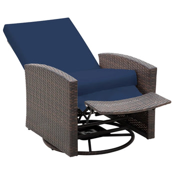Canapé inclinable en rotin avec pivot à 360°, chaise longue d'extérieur en osier avec repose-pieds et coussin doux pour terrasse, jardin, cour, bleu foncé