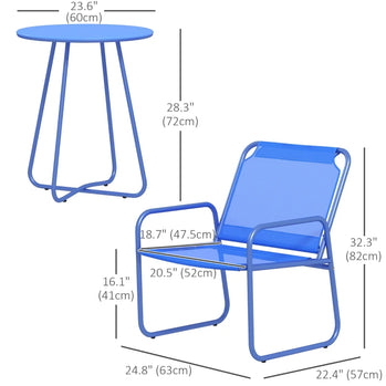 Ensemble de bistro d'extérieur 3 pièces, table et chaises de jardin avec tissu en maille respirante, fauteuils, table basse ronde avec dessus en métal, bleu marine