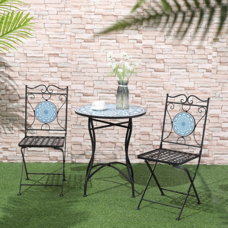Ensemble de bistro extérieur 3 pièces, table basse de jardin avec plateau en mosaïque pour patio, balcon, bord de piscine, noir