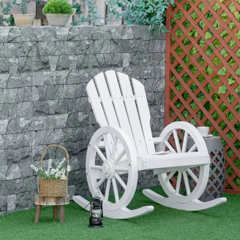 Chaise à bascule Adirondack en bois pour terrasse, fauteuil à bascule d'extérieur avec design à lattes et accoudoirs à roulettes pour porche, bord de piscine ou jardin, blanc