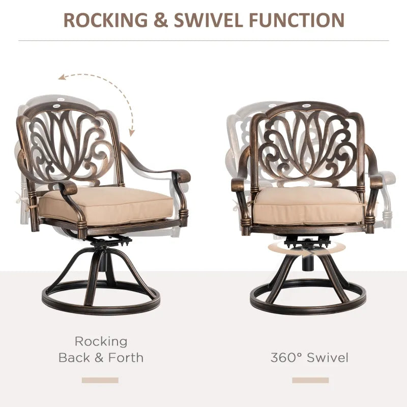 Ensemble de bistro extérieur 2 pièces, chaises à bascule pivotantes à 360 ° avec coussin, cadre en aluminium, cour, pelouse, porche, meubles de jardin, Bronze