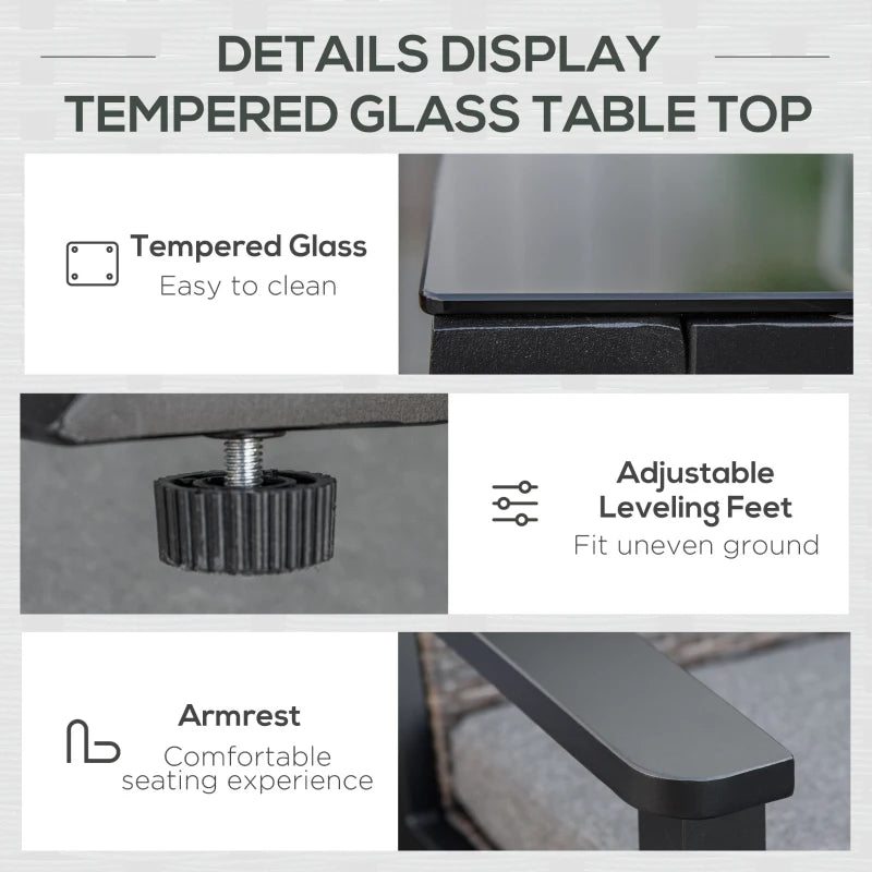 Ensemble de meubles de patio 4 pièces, ensemble de canapé d'extérieur avec cadre en aluminium, canapé en rotin PE avec 2 coussins, 1 causeuse et table basse avec plateau en verre trempé pour jardin, arrière-cour, noir, gris