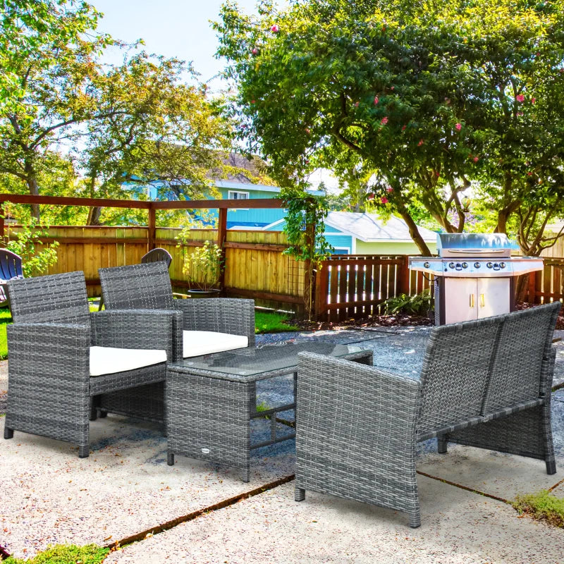 Ensemble de meubles de patio 4 pièces avec coussins, ensemble de canapé de conversation d'extérieur en rotin PE avec table basse et causeuse avec plateau en verre, pour jardin, balcon, blanc crème