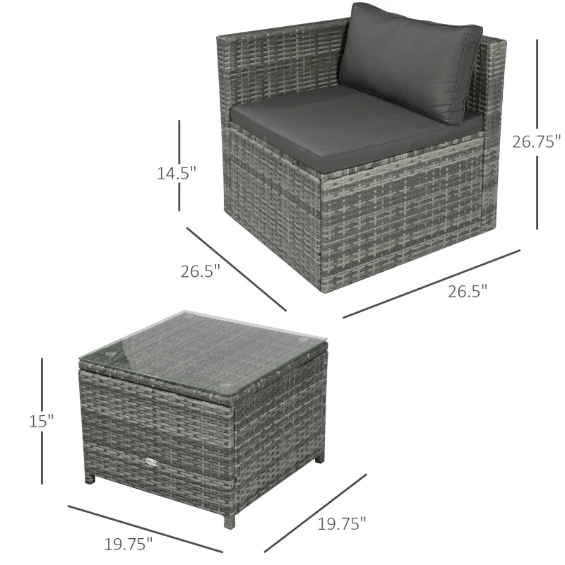 Ensemble de bistro en rotin PE, 3 pièces, fauteuil rembourré, canapé et Table basse, mobilier d'extérieur
