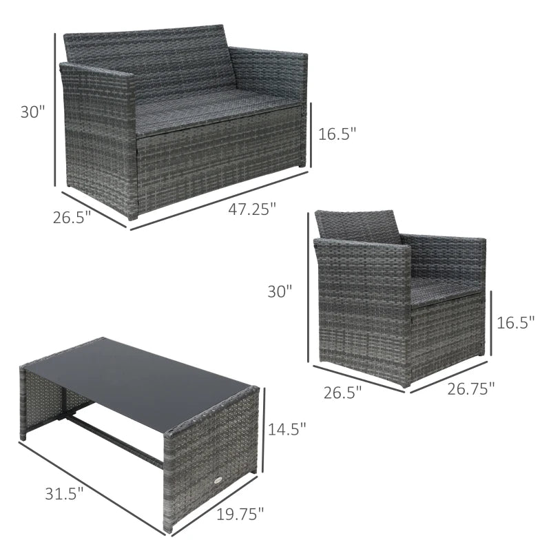 Ensemble de meubles de patio de 4 pièces avec coussins, PE Outdoor PE Rouleau Conversation de conversation Sofa Garden avec chaises à 2 places et table basse en verre, gris