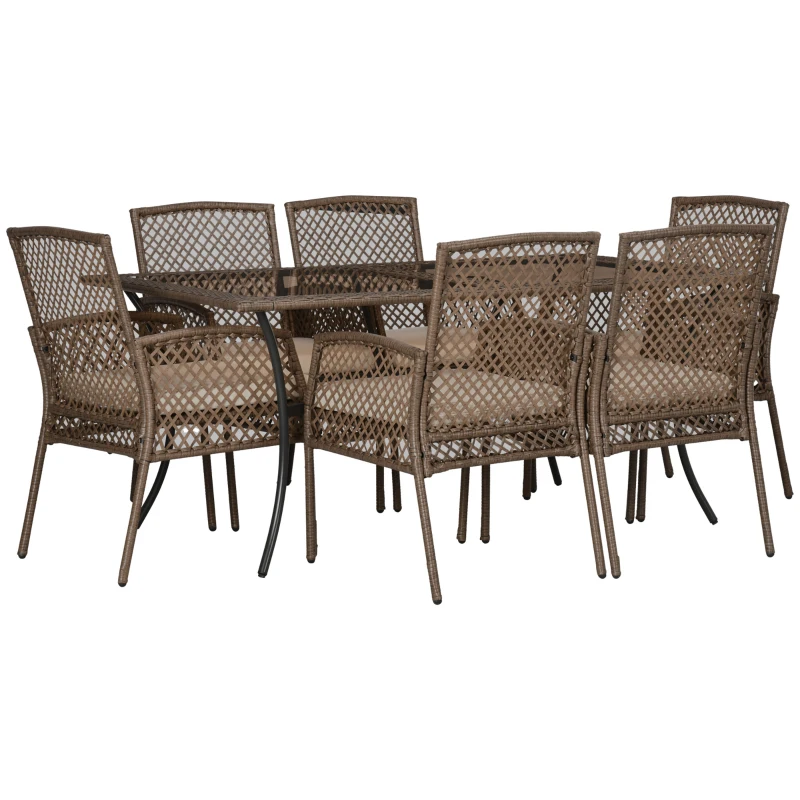 Ensemble de salle à manger de patio en osier 7 pièces avec coussins, ensemble de conversation d'extérieur en rotin PE avec 1 table rectangulaire avec plateau en verre et 6 chaises, pour patio, cour, bord de piscine, beige