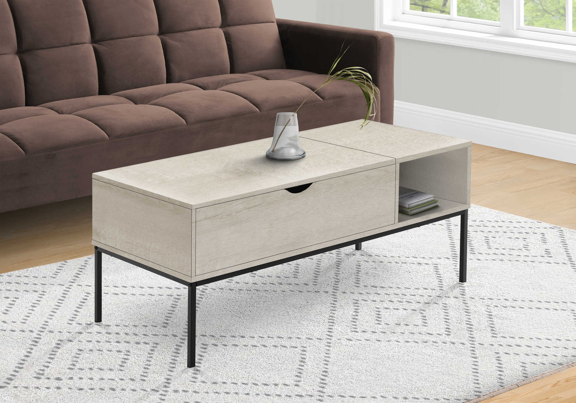 COFFEE TABLE - 42"L / LIFT-TOP WASHED OAK / BLACK METAL : I 3807