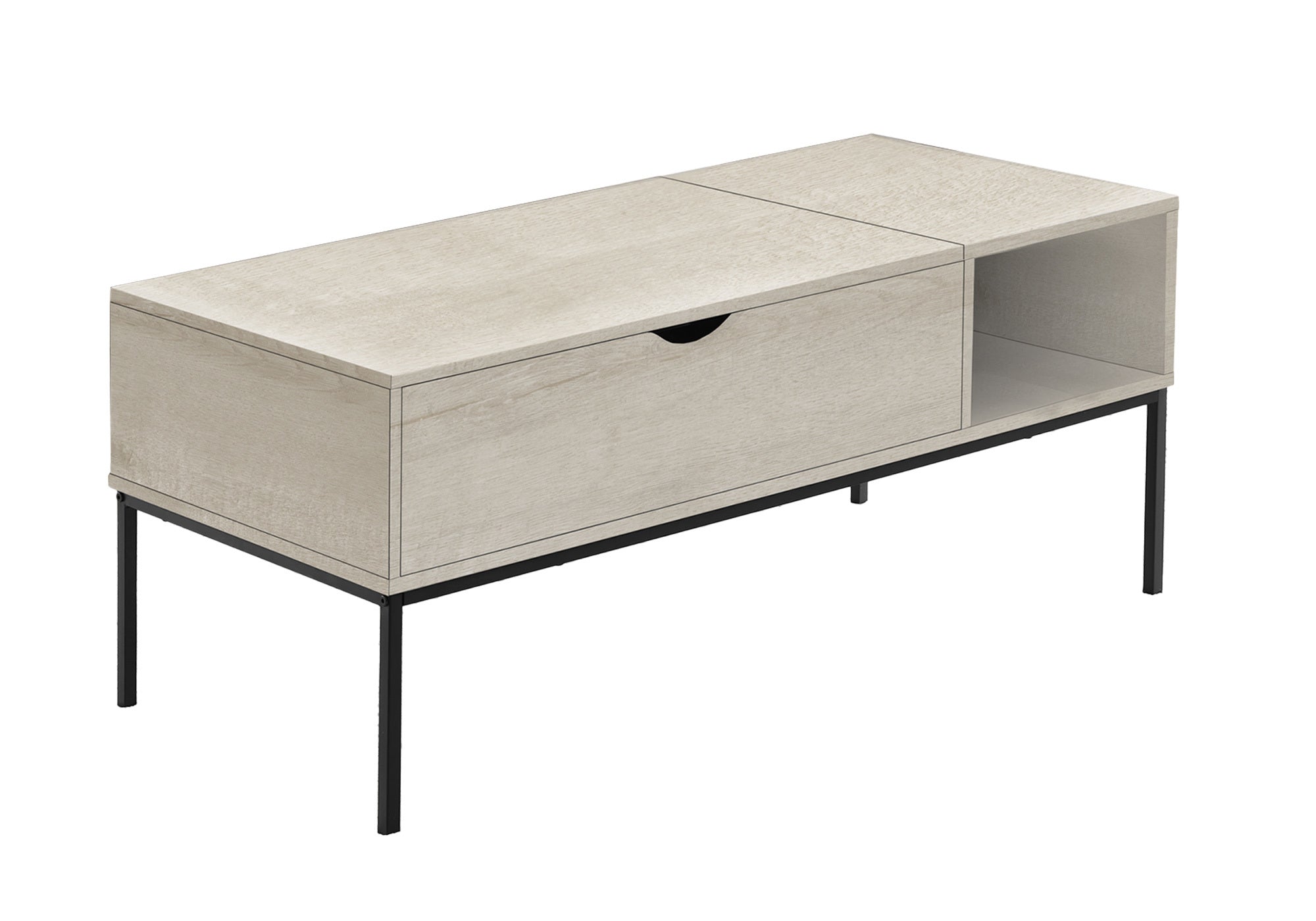COFFEE TABLE - 42"L / LIFT-TOP WASHED OAK / BLACK METAL : I 3807