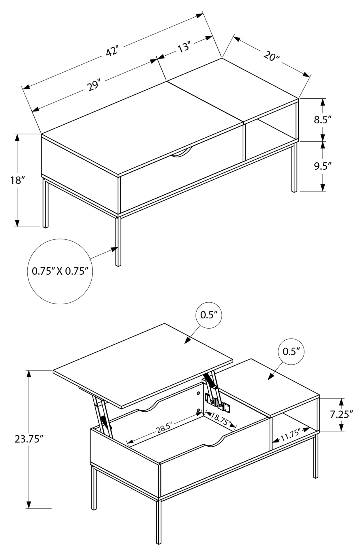 COFFEE TABLE - 42"L / LIFT-TOP WASHED OAK / BLACK METAL : I 3807