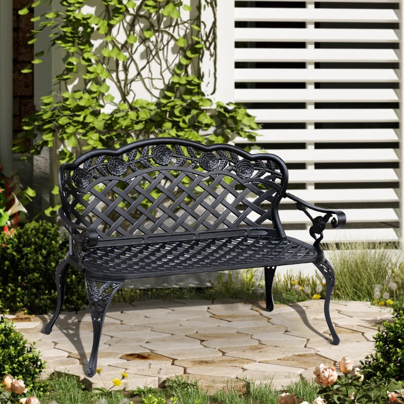 Banc de jardin en métal, causeuse d'extérieur 2 places avec accoudoirs et dossier à volutes florales, 42,1"x22,8"x33,5", noir