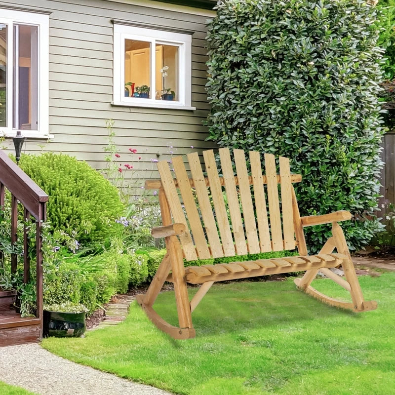 Chaise à bascule Adirondack en bois, chaise à bascule double rustique d'extérieur avec design à lattes pour 2 personnes, convient pour jardin, balcon, porche, bois naturel