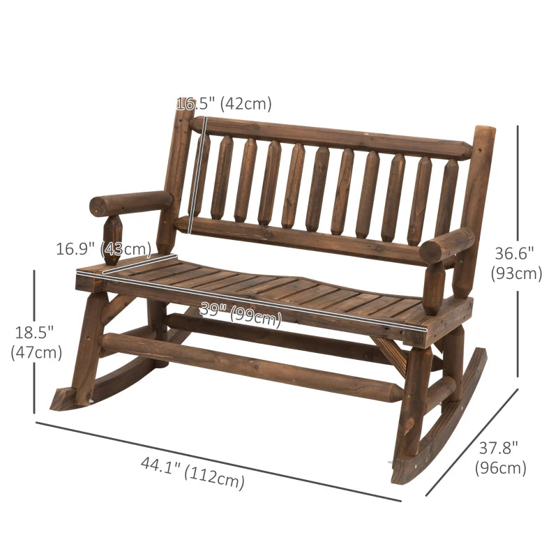 Bascule de patio en bois pour 2 personnes, chaise à bascule d'extérieur, banc à bascule de porche avec dossier et siège à lattes, couleur carbonisée