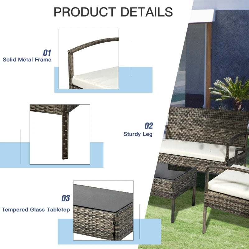 Ensembles de meubles de patio 4 pièces avec une causeuse, deux fauteuils et une table basse, ensemble de conversation en plein air avec table en verre et coussins blanc crème