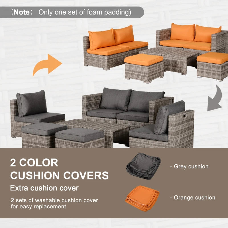 Ensemble de meubles de patio 8 pièces, ensemble de canapé d'extérieur en rotin et osier, siège inclinable, table à thé et repose-pieds, meubles de patio de jardin avec 2 housses de coussin, gris et orange