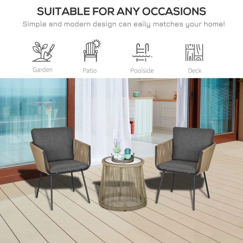 Ensemble de bistro de patio extérieur 3 pièces, meubles en rotin en osier 2 chaises 1 table basse avec pieds en métal pour jardin, cour, terrasse, gris