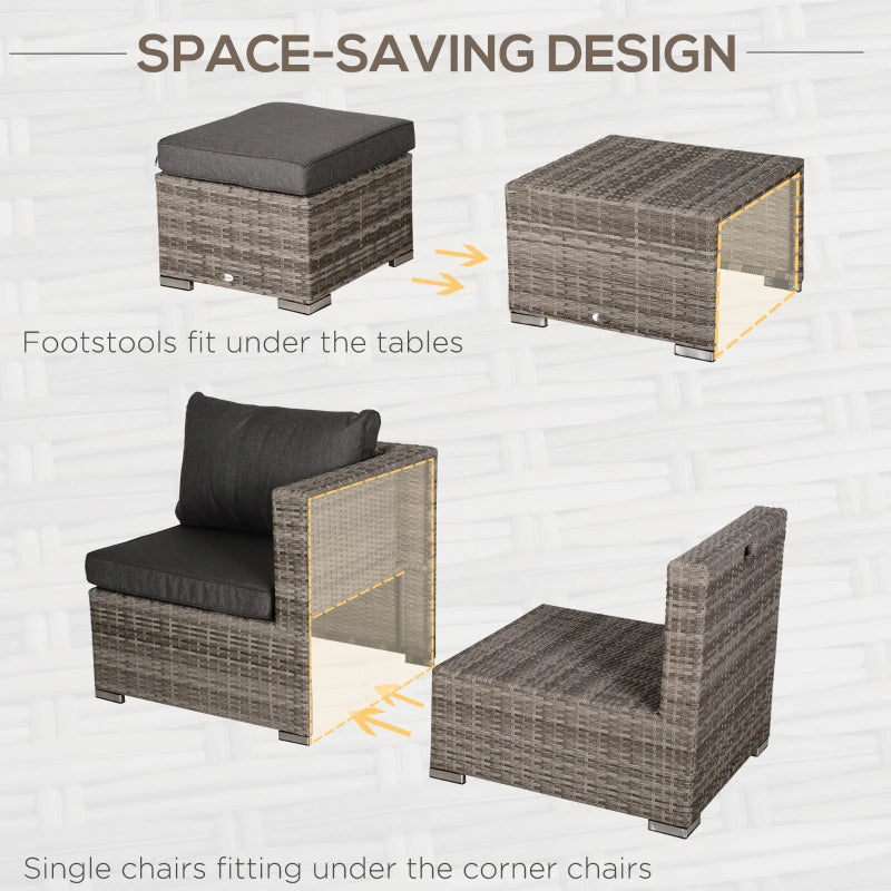 Ensemble de meubles de patio 8 pièces, ensemble de canapé d'extérieur en rotin et osier, siège inclinable, table à thé et repose-pieds, meubles de patio de jardin avec 2 housses de coussin, gris et orange