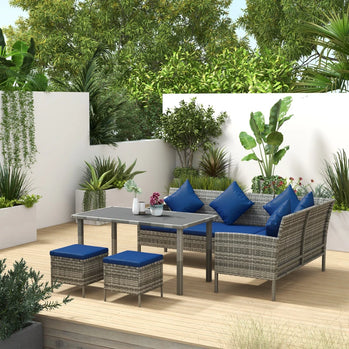 Ensemble de meubles de salle à manger de conversation de patio en osier 5 pièces avec coussins, table et poufs, bleu vif