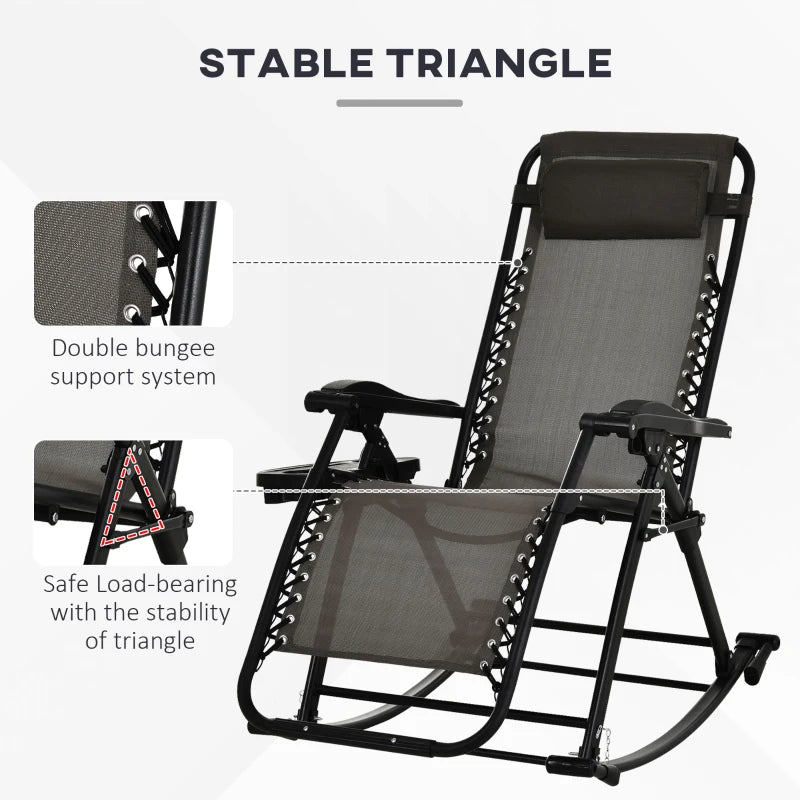 Chaise longue inclinable réglable 2 en 1 à gravité zéro, fauteuil de jardin inclinable et berçant, chaise longue pliable, siège de sieste avec appui-tête et plateau gris