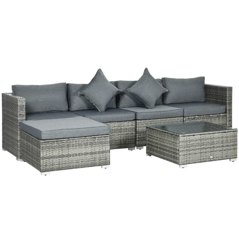 Ensemble de 6 meubles de patio en osier et rotin PE avec coussins épais, canapé sectionnel de jardin de luxe avec table en verre, gris mélangé et gris foncé