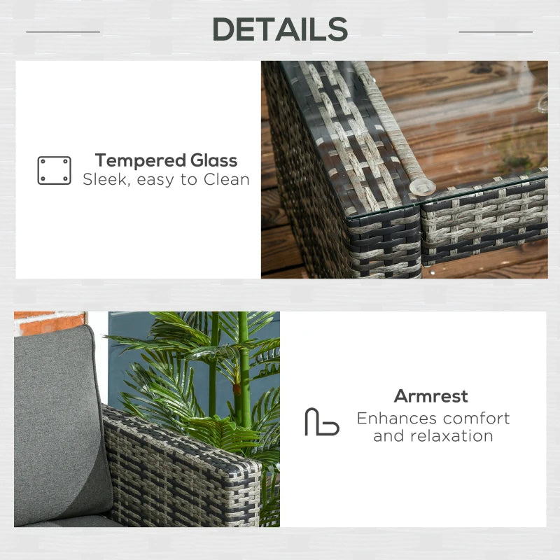 Ensemble de meubles de jardin en rotin 6 pièces, canapé d'extérieur 8 places avec 3 causeuses en osier avec coussins, 2 repose-pieds et table en verre pour cour, bord de piscine, gris