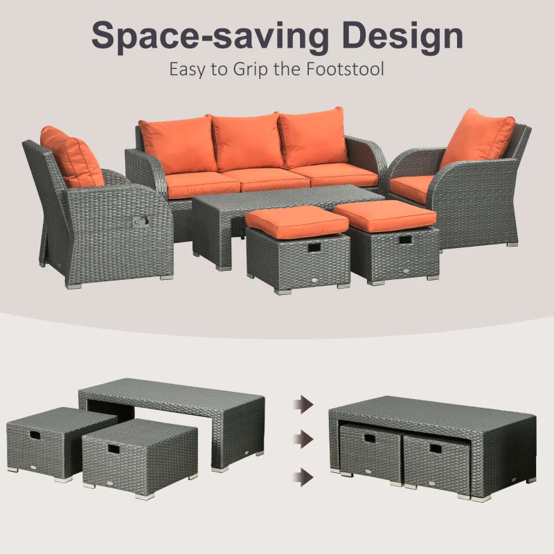 Meubles de patio avec coussins, 6 pièces en osier PE, ensemble de conversation avec un canapé à trois places, 2 chaises inclinables, 2 repose-pieds et une table, orange