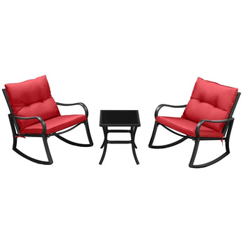 Ensemble de 3 chaises à bascule en osier pour patio, meubles d'extérieur en rotin PE avec 2 bascules et 1 table basse avec coussins rembourrés pour terrasse, cour, jardin, rouge